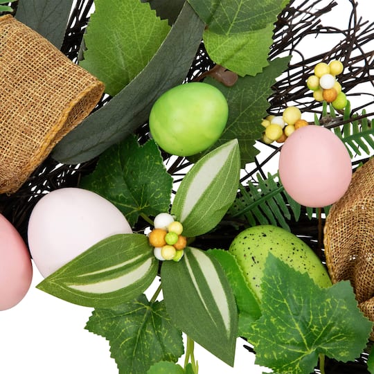 22" Easter Egg & Burlap Ribbon Mixed Foliage Twig Wreath